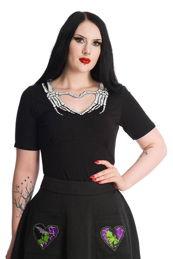 Banned Alternative Skeleton Heart Hands Top in Black