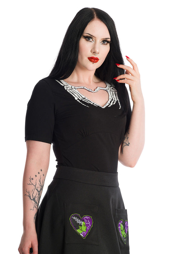 Banned Alternative Skeleton Heart Hands Top in Black
