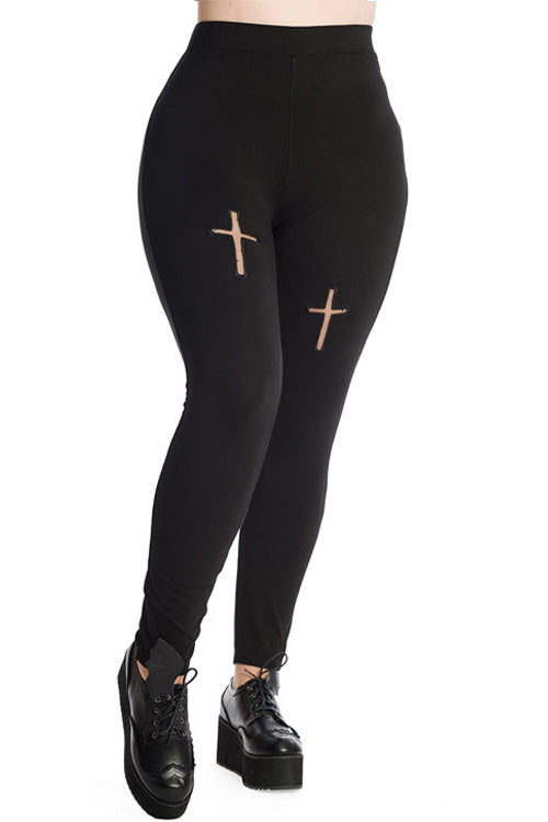 Banned Mina Leggings in Black with Cross Crucifix Cut Outs STRETCHY