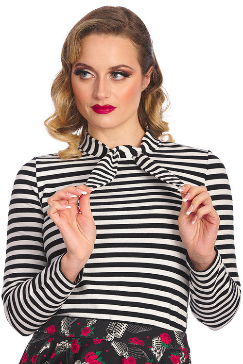 Banned Retro Spooks and Stripes Top with Neck Tie Detail