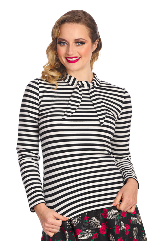 Banned Retro Spooks and Stripes Top with Neck Tie Detail