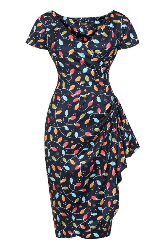 Lady Vintage Elsie Knee Wiggle Dress in Fairy Lights Print Christmas Kitty Deluxe Lady Vintage Elsie Knee Wiggle Dress in Fairy Lights Print Christmas Kitty Deluxe