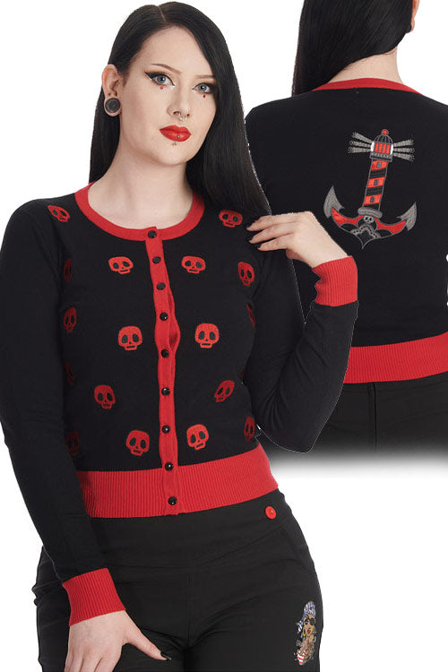 Banned Sail and Skull Embroidered Cardigan in Black and Red with Back Motif