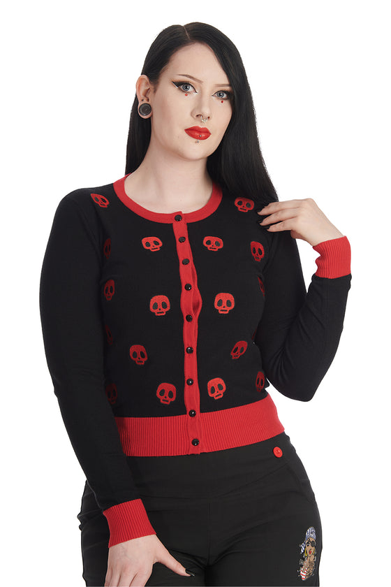 Banned Alternative Sail and Skull Embroidered Cardigan in Black and Red with Back Motif