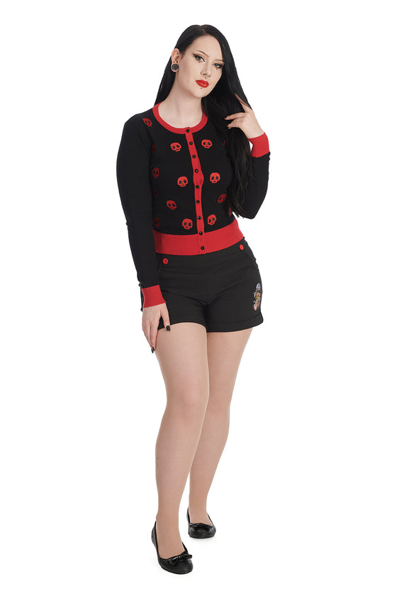 Banned Alternative Sail and Skull Embroidered Cardigan in Black and Red with Back Motif