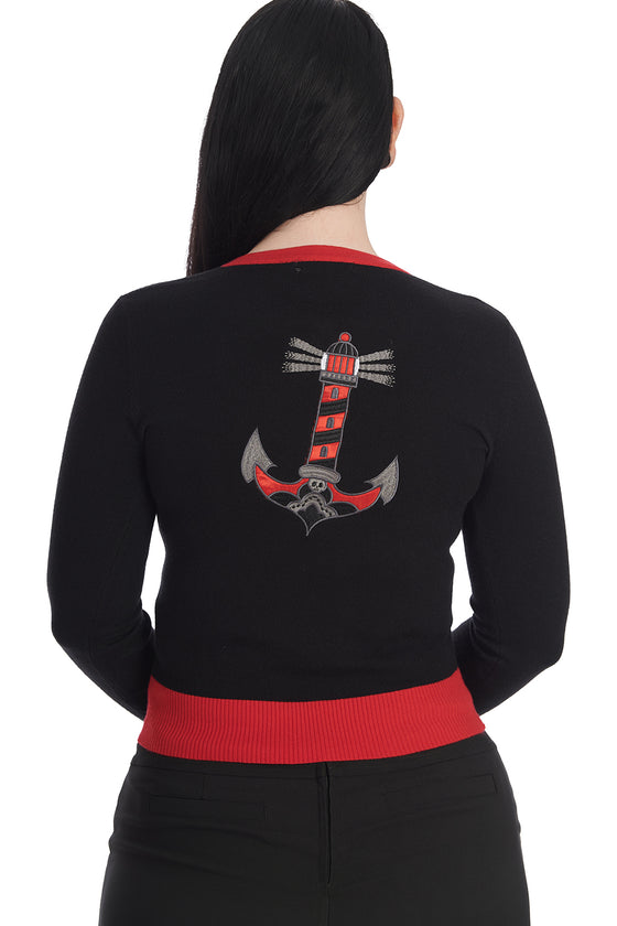 Banned Sail and Skull Embroidered Cardigan in Black and Red with Back Motif