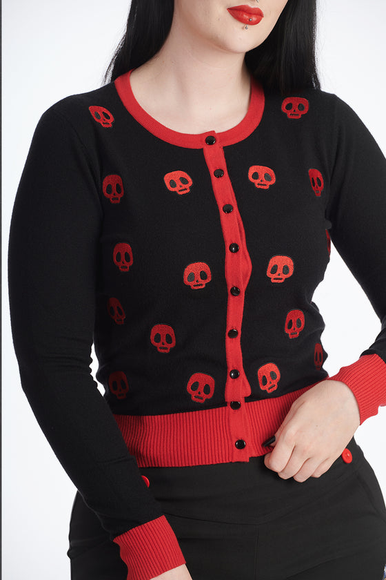 Banned Sail and Skull Embroidered Cardigan in Black and Red with Back Motif