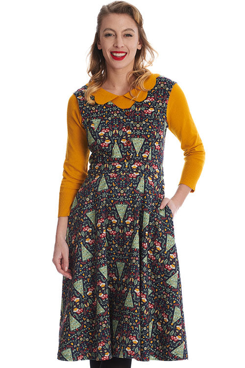 Banned Retro Scandi Hertiage Swing Dress Christmas Foxes Trees Cottage