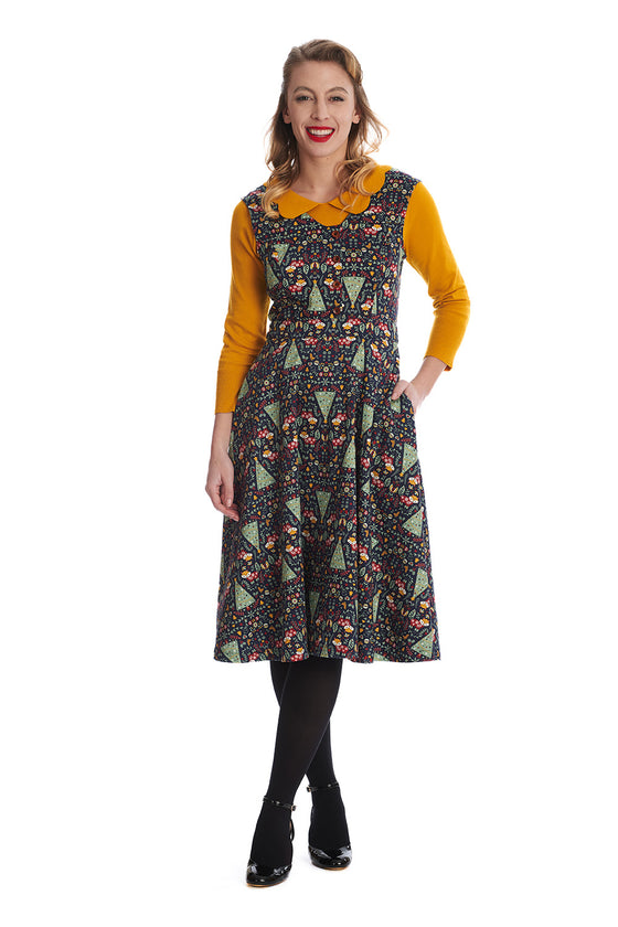 Banned Scandi Hertiage Swing Dress Christmas Foxes Trees Cottage