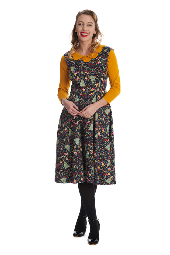 Banned Retro Scandi Hertiage Swing Dress Christmas Foxes Trees Cottage