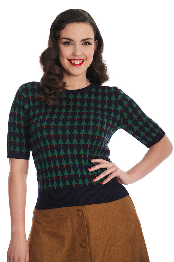 Banned Merry Holiday Top in Navy Knitted Christmas Trees