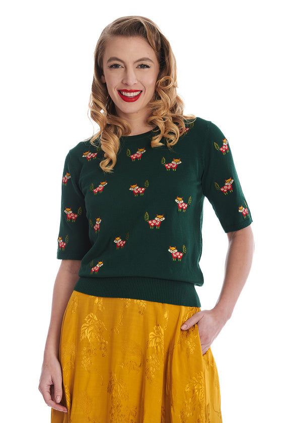 Banned Retro Scandi Fox Top Jumper in Green Knitted Christmas