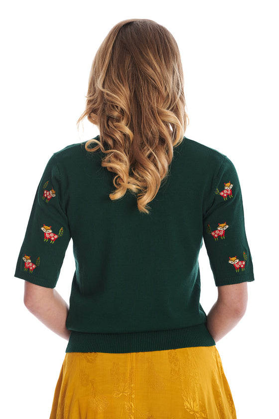Banned Retro Scandi Fox Top Jumper in Green Knitted Christmas