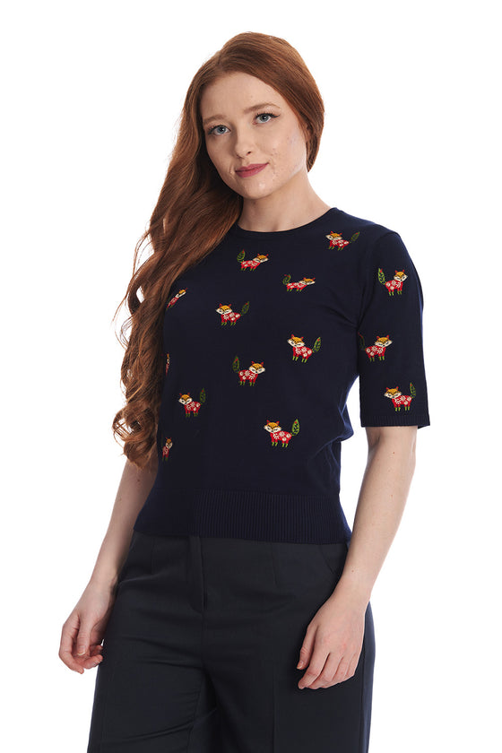 Banned Scandi Fox Top in Navy Knitted Christmas