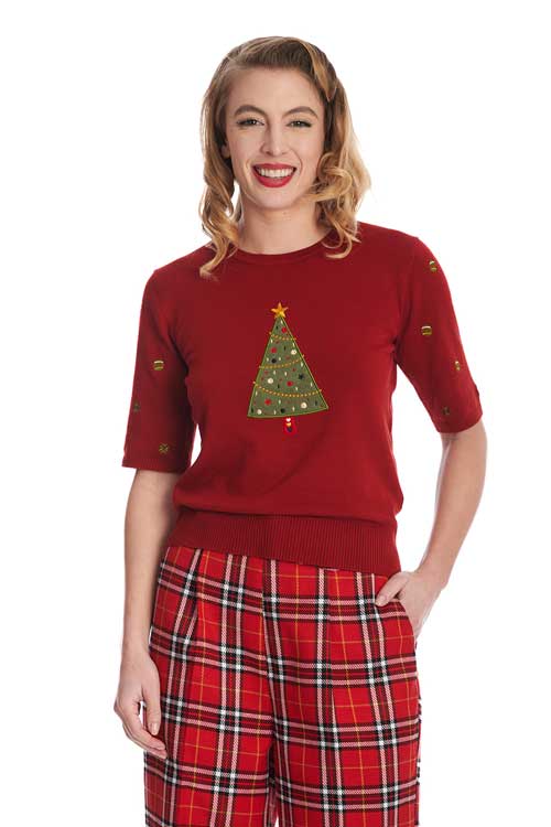 Banned Retro Scandi Tree Top Jumper in Red Knitted Christmas