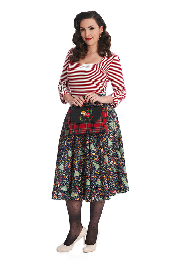 Banned Retro Scandi Heritage Swing Skirt Christmas Trees and Foxes