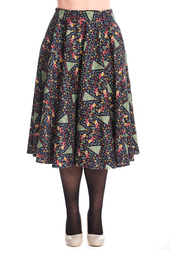 Banned Retro Scandi Heritage Swing Skirt Christmas Trees and Foxes