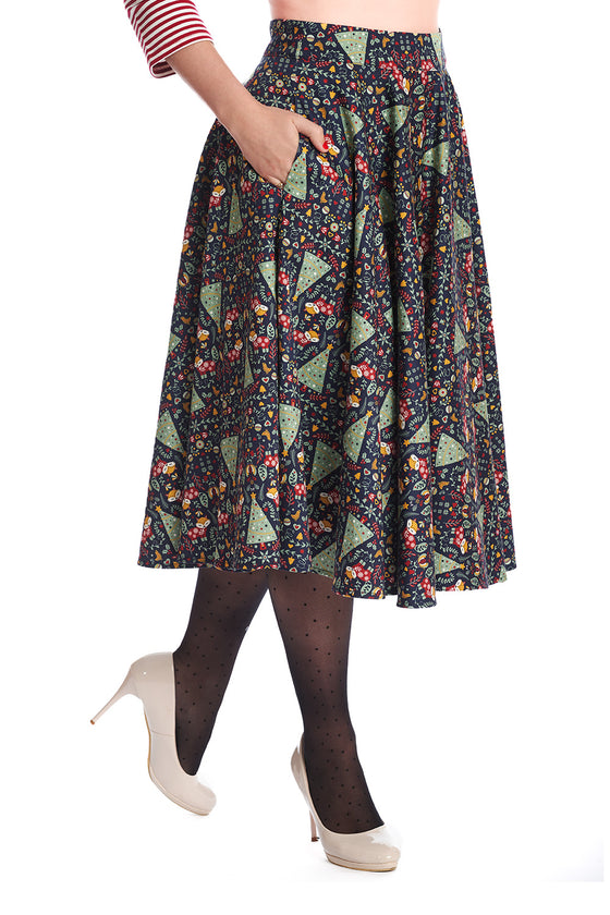 Banned Retro Scandi Heritage Swing Skirt Christmas Trees and Foxes
