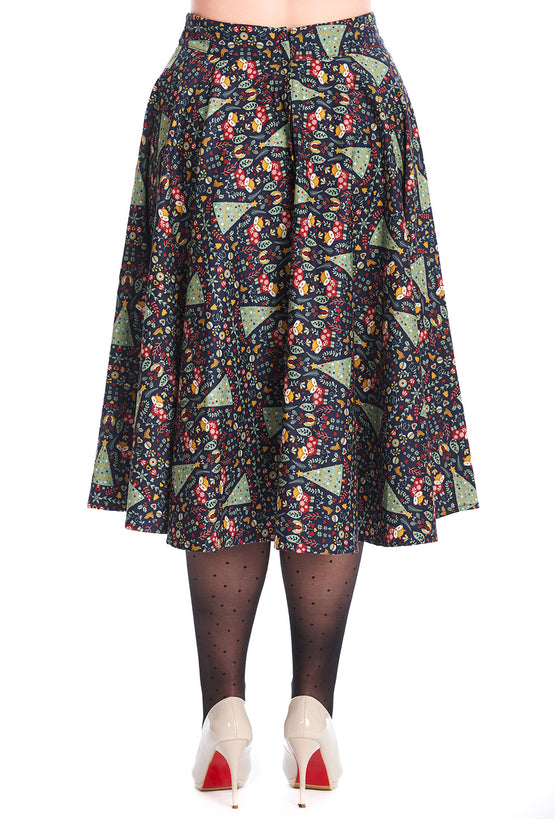 Banned Retro Scandi Heritage Swing Skirt Christmas Trees and Foxes