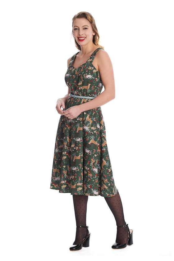 Banned Retro Woodland Creatures Swing Dress Deer Raccoons Mushrooms