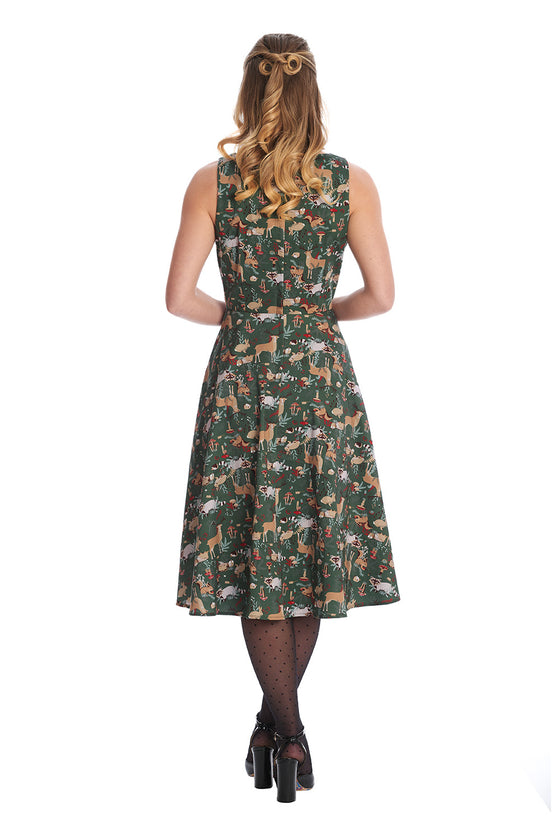 Banned Retro Woodland Creatures Swing Dress Deer Raccoons Mushrooms