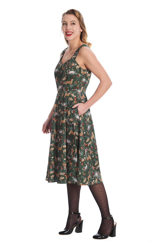 Banned Retro Woodland Creatures Swing Dress Deer Raccoons Mushrooms