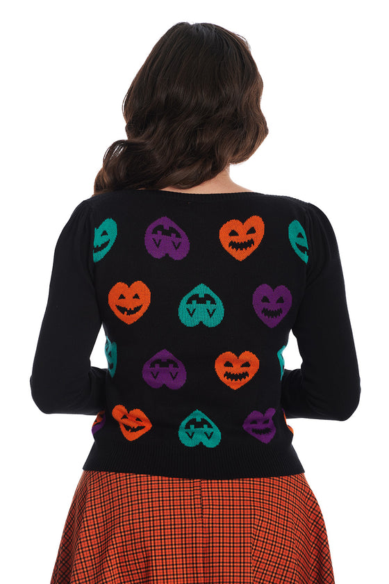 Banned Retro Halloween Hearts Top Jumper in Black Knitted Jack-o-Lantern