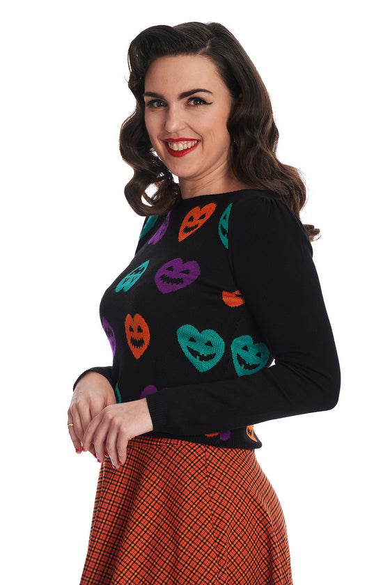 Banned Retro Halloween Hearts Top Jumper in Black Knitted Jack-o-Lantern