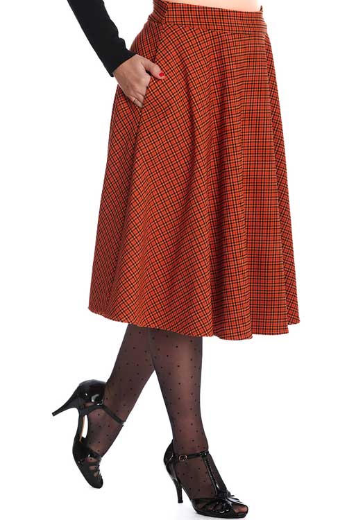 Banned Retro October Spooks Swing Skirt Orange Tartan Plaid
