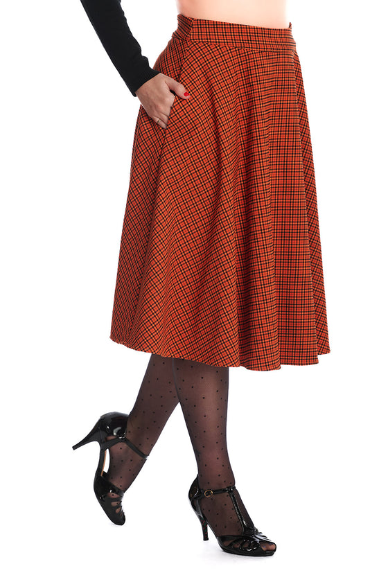 Banned Retro October Spooks Swing Skirt Orange Tartan Plaid