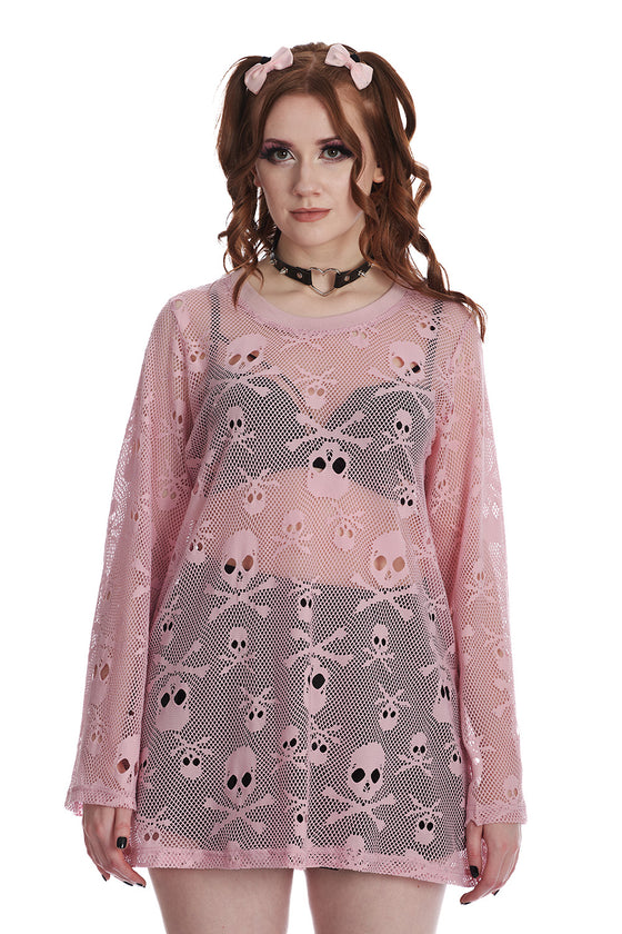 Banned Alternative BFF Mesh Long Oversized Top Goth in Pink
