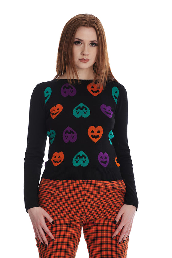 Banned Retro Halloween Hearts Top Jumper in Black Knitted Jack-o-Lantern