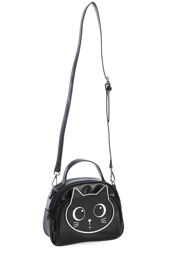 Banned Alternative Haru Cross Body Shoulder Bag in Black with Cat Detailing