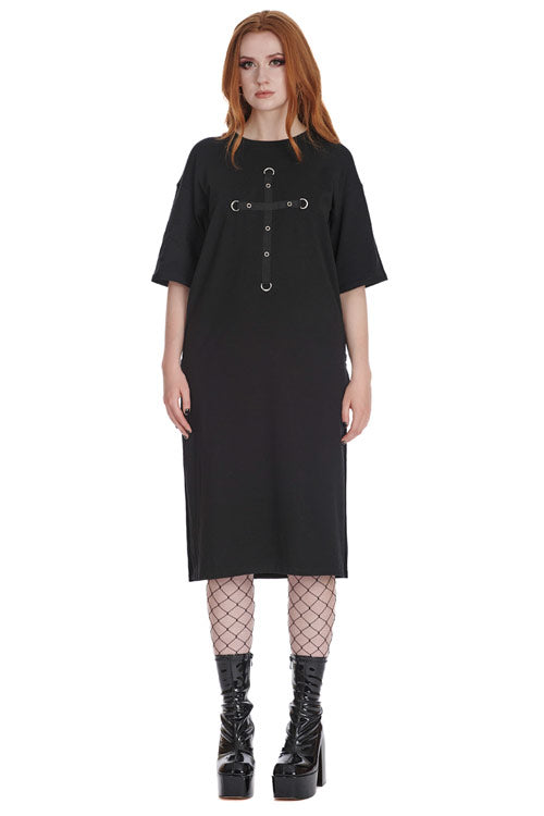 Banned Alternative Spectral Noire Jersey Dress with Cross Applique Gothic