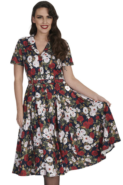Banned Retro Dark Rose Shirt Swing Dress with Matching Belt in Navy Floral