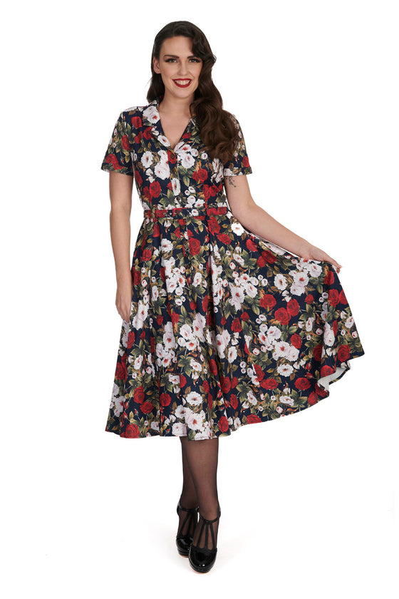 Banned Retro Dark Rose Shirt Swing Dress with Matching Belt in Navy Floral