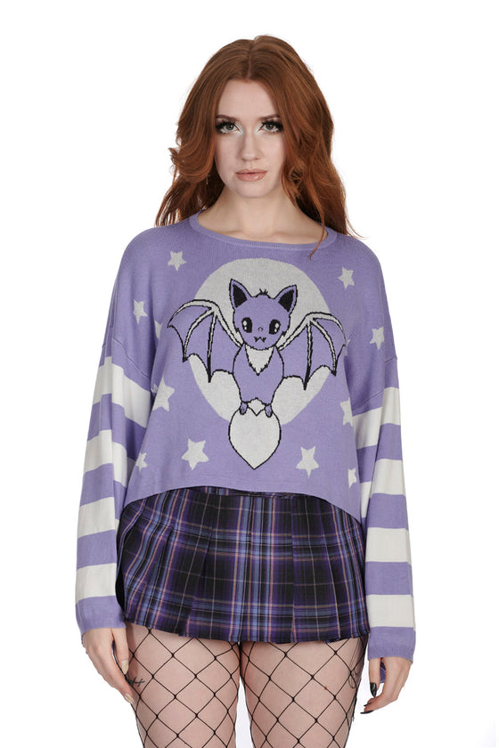 Banned Alternative Kamiko Bat Jumper in White and Purple Knitted Stripe Sleeves