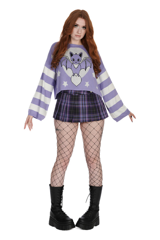 Banned Alternative Kamiko Bat Jumper in White and Purple Knitted Stripe Sleeves