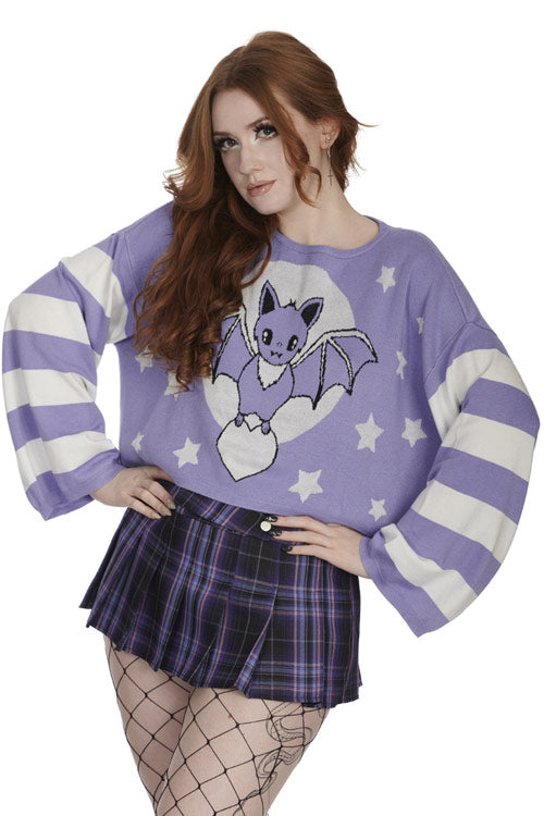 Banned Alternative Kamiko Bat Jumper in White and Purple Knitted Stripe Sleeves