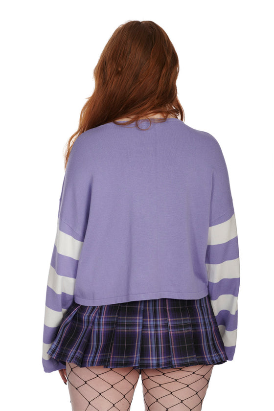 Banned Alternative Kamiko Bat Jumper in White and Purple Knitted Stripe Sleeves
