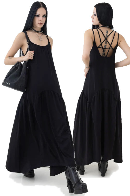 killstar pentagram maxi dress Killstar Demise Flowing Maxi Dress with Pentagram Strap Detailing Swam Kitty Deluxe
