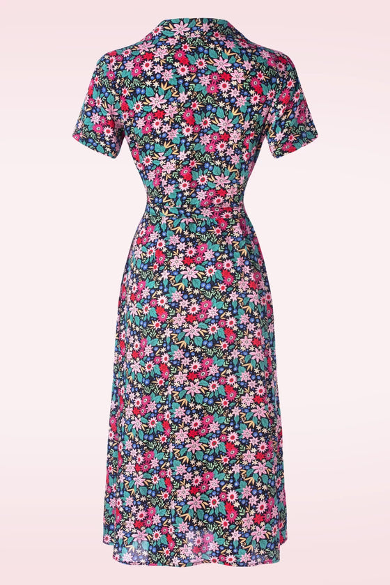 Banned Retro Tea Party Shirt Swing Dress with Belt in Pink and Black Floral Print