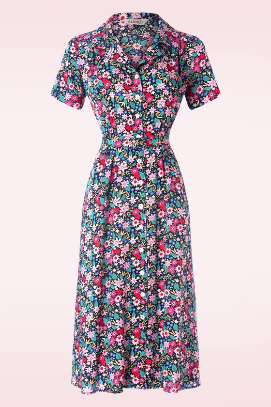Banned Retro Tea Party Shirt Swing Dress with Belt in Pink and Black Floral Print
