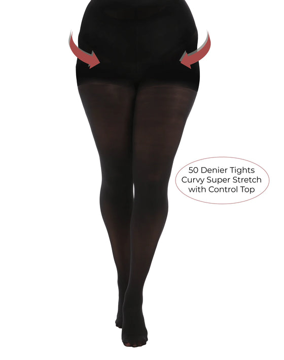 Pamela Mann Hosiery Curvy Super-Stretch 50 Denier Tights in Black with Control Top
