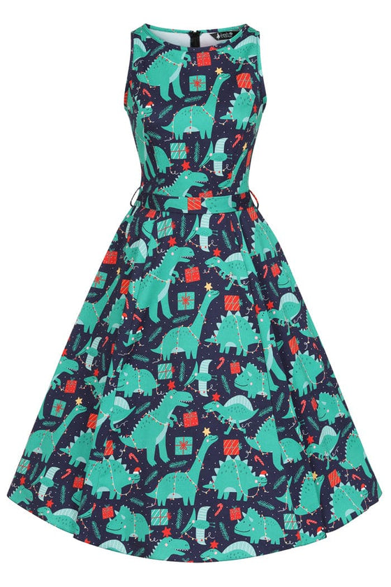 Lady Vintage Hepburn Dress in Dino Xmas Print Christmas