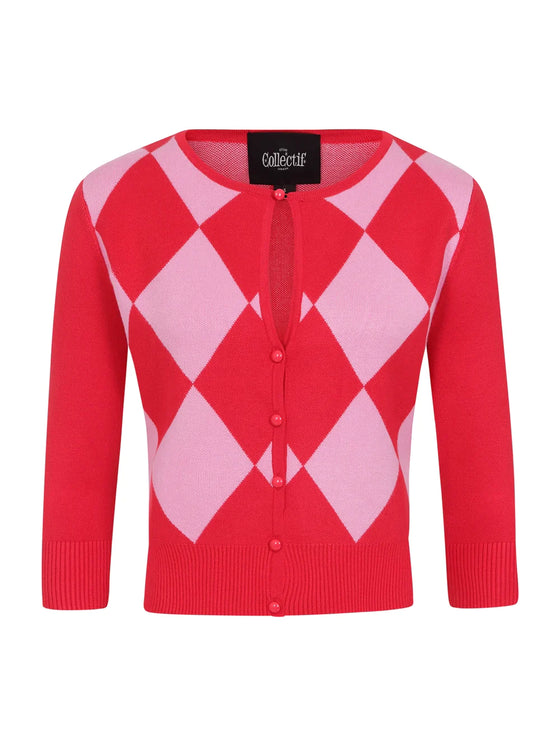 Collectif Liv Diamond Cardigan in Red and Pink Classic Retro Harlequin