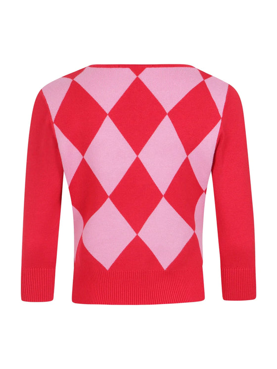 Collectif Liv Diamond Cardigan in Red and Pink Classic Retro Harlequin