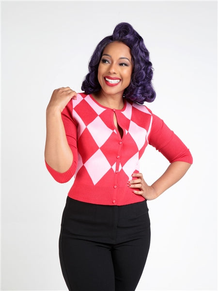 Collectif Liv Diamond Cardigan in Red and Pink Classic Retro Harlequin