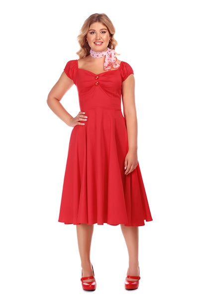 Collectif Dolores Doll Classic Cotton Swing Dress in Red Christmas Party Time
