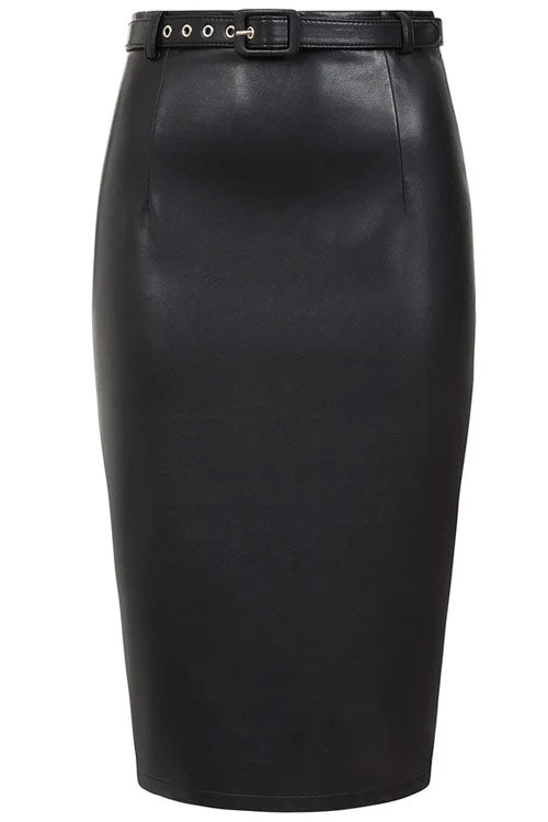 Banned Retro Ada Pencil Skirt in Black PU with Belt Leather Look